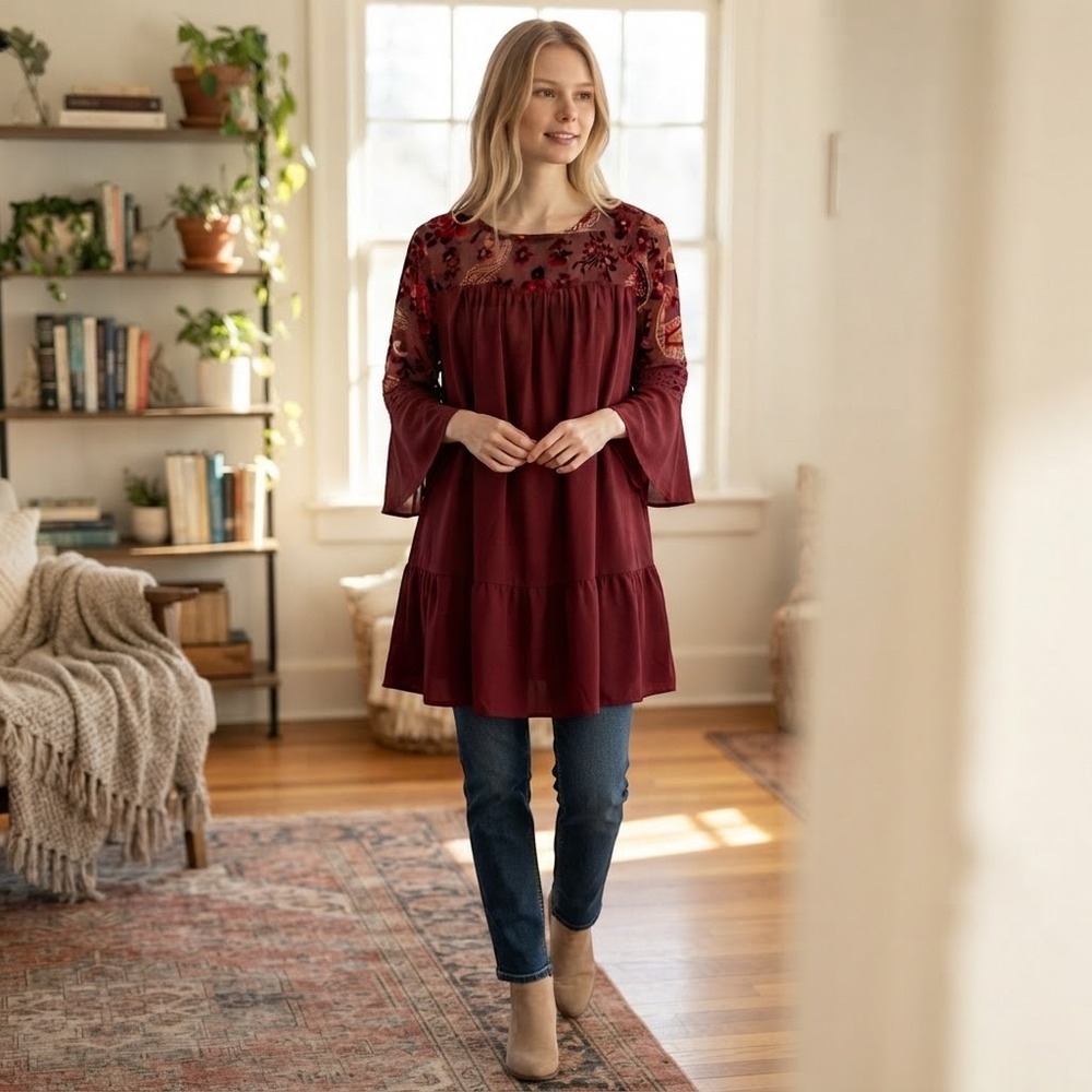 Umgee Velvet Burnout Tunic Women Small Burgundy Bell Sleeve Boho A3733